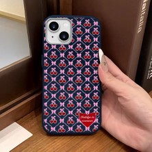 Ucuc iPhone 14 Plus/15 Plus Uyumlu Mavi Deri Dokulu Silikon Kamerayı Korur Şok Emici Kiraz Desenli Kılıf