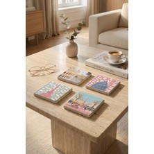 Baum Atelier Paris ve Roma Desenli Aşk Temalı Doğal Taş Traverten Bardak Altlığı Stone Coasters 4 Lü Set