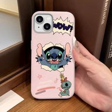 Ucuc iPhone 15 Uyumlu Pembe Deri Dokulu Silikon Kamerayı Korur Şok Emici Stitch Deseni Kılıf