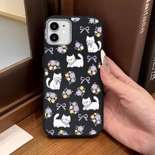 Ucuc iPhone 11 Uyumlu Siyah Deri Dokulu Silikon Kamerayı Korur Şok Emici Kılıf Çiçek ve Kedi Deseni
