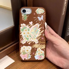 Ucuc iPhone 7/8/se 2020 2022 Uyumlu Kahverengi Deri Dokulu Silikon Kamerayı Korur Şok Emici Kelebek Desenli Telefon Kılıfı