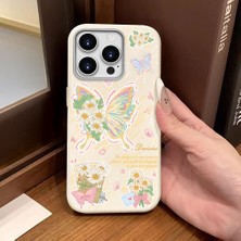 Ucuc iPhone 16 Pro Uyumlu Beyaz Deri Dokulu Silikon Kamerayı Korur Şok Emici Kelebek Desenli Telefon Kılıfı