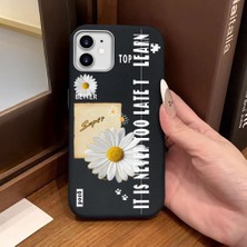 Ucuc iPhone 12/12 Pro Uyumlu Siyah Deri Dokulu Silikon Kamerayı Korur Şok Emici Papatya Deseni Kılıf