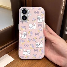 Ucuc iPhone 16 Uyumlu Pembe Deri Dokulu Silikon Kamerayı Korur Şok Emici Kılıf Çiçek ve Kedi Deseni