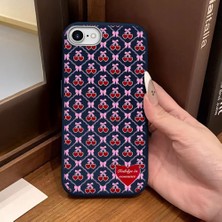 Ucuc iPhone 7/8/se 2020 2022 Uyumlu Mavi Deri Dokulu Silikon Kamerayı Korur Şok Emici Kiraz Desenli Kılıf