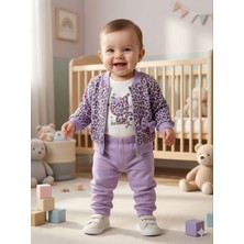 Lika&Nika Kız Bebek 3'lü Takım: Leopar Desenli Fermuarlı Ceket & Body & Eşofman Altı