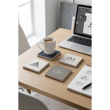 Baum Atelier Kişiselleştirilebilir Logo, Firma Logo Baskılı Doğal Taş Traverten Bardak Altlığı 4 Lü Set