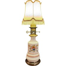 TT 58 cm Boyunda Fransız Gaz Lambası Şeklinde Pirinç ve Porselen'den Abajur