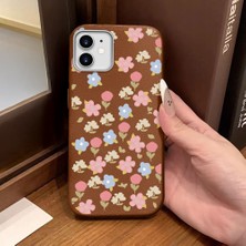 Ucuc iPhone 12/12 Pro Uyumlu Kahverengi Deri Dokulu Silikon Kamerayı Korur Şok Emici Lale Deseni Kılıf