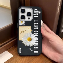 Ucuc iPhone 16 Pro Uyumlu Siyah Deri Dokulu Silikon Kamerayı Korur Şok Emici Papatya Deseni Kılıf