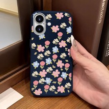 Ucuc iPhone 16 Uyumlu Mavi Deri Dokulu Silikon Kamerayı Korur Şok Emici Lale Deseni Kılıf