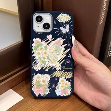 Ucuc iPhone 13/14 Uyumlu Mavi Deri Dokulu Silikon Kamerayı Korur Şok Emici Kelebek Desenli Telefon Kılıfı