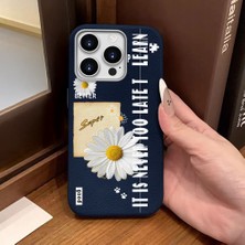 Ucuc iPhone 14 Pro Max Uyumlu Mavi Deri Dokulu Silikon Kamerayı Korur Şok Emici Papatya Deseni Kılıf