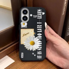 Ucuc iPhone 16 Uyumlu Siyah Deri Dokulu Silikon Kamerayı Korur Şok Emici Papatya Deseni Kılıf