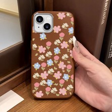 Ucuc iPhone 13/14 Uyumlu Kahverengi Deri Dokulu Silikon Kamerayı Korur Şok Emici Lale Deseni Kılıf