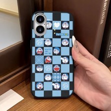 Ucuc iPhone 16 Uyumlu Siyah Deri Dokulu Silikon Kamerayı Korur Şok Emici Doraemon Deseni Kılıf