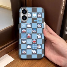 Ucuc iPhone 16 Uyumlu Gri Deri Dokulu Silikon Kamerayı Korur Şok Emici Doraemon Deseni Kılıf