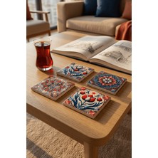 Baum Atelier Istanbul Lale Motif Temalı Tile Desen Doğal Taş Bardak Altlığı Stone Coasters 4 Lü Set