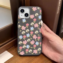 Ucuc iPhone 14 Plus/15 Plus Uyumlu Gri Deri Dokulu Silikon Kamerayı Korur Şok Emici Lale Deseni Kılıf