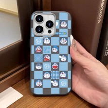 Ucuc iPhone 16 Pro Uyumlu Gri Deri Dokulu Silikon Kamerayı Korur Şok Emici Doraemon Deseni Kılıf
