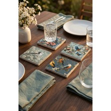 Baum Atelier Renkli Kuş Temalı Doğal Taş Traverten Bardak Altlığı Stone Coasters 4 Lü Set