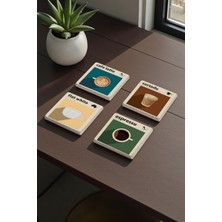 Baum Atelier Kahve Çeşitleri Temalı Cafe Latte Espresso Doğal Taş Traverten Bardak Altlığı 4 Lü Set