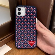 Ucuc iPhone 12/12 Pro Uyumlu Mavi Deri Dokulu Silikon Kamerayı Korur Şok Emici Kiraz Desenli Kılıf