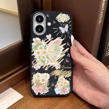 Ucuc iPhone 16 Uyumlu Siyah Deri Dokulu Silikon Kamerayı Korur Şok Emici Kelebek Desenli Telefon Kılıfı