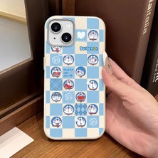Ucuc iPhone 15 Uyumlu Beyaz Deri Dokulu Silikon Kamerayı Korur Şok Emici Doraemon Deseni Kılıf