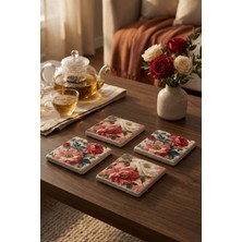Baum Atelier Pembe Bordo Çiçekler Temalı Vintage Flowers Doğal Taş Traverten Bardak Altlığı 4 Lü Set