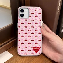 Ucuc iPhone 11 Uyumlu Pembe Deri Dokulu Silikon Kamerayı Korur Şok Emici Kiraz Desenli Kılıf