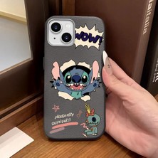 Ucuc iPhone 14 Plus/15 Plus Uyumlu Gri Deri Dokulu Silikon Kamerayı Korur Şok Emici Stitch Deseni Kılıf