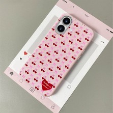 Ucuc iPhone 16 Uyumlu Pembe Deri Dokulu Silikon Kamerayı Korur Şok Emici Kiraz Desenli Kılıf