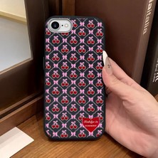 Ucuc iPhone 7/8/se 2020 2022 Uyumlu Siyah Deri Dokulu Silikon Kamerayı Korur Şok Emici Kiraz Desenli Kılıf