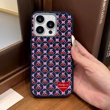 Ucuc iPhone 16 Pro Uyumlu Mavi Deri Dokulu Silikon Kamerayı Korur Şok Emici Kiraz Desenli Kılıf