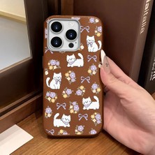 Ucuc iPhone 14 Pro Max Uyumlu Kahverengi Deri Dokulu Silikon Kamerayı Korur Şok Emici Kılıf Çiçek ve Kedi Deseni
