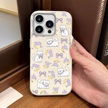 Ucuc iPhone 16 Pro Uyumlu Beyaz Deri Dokulu Silikon Kamerayı Korur Şok Emici Kılıf Çiçek ve Kedi Deseni