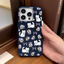 Ucuc iPhone 16 Pro Uyumlu Mavi Deri Dokulu Silikon Kamerayı Korur Şok Emici Kılıf Çiçek ve Kedi Deseni