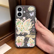 Ucuc iPhone 16 Uyumlu Gri Deri Dokulu Silikon Kamerayı Korur Şok Emici Kelebek Desenli Telefon Kılıfı