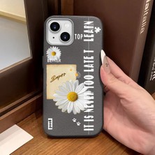 Ucuc iPhone 13/14 Uyumlu Gri Deri Dokulu Silikon Kamerayı Korur Şok Emici Papatya Deseni Kılıf