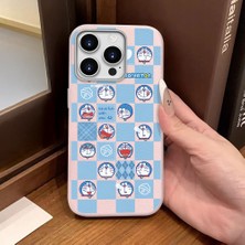 Ucuc iPhone 16 Pro Uyumlu Pembe Deri Dokulu Silikon Kamerayı Korur Şok Emici Doraemon Deseni Kılıf