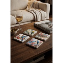Baum Atelier Kuş ve Çiçek Temalı Birds Doğal Taş Traverten Bardak Altlığı Stone Coasters 4 Lü Set
