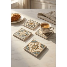Baum Atelier Vintage Green Tile Desenli Doğal Taş Traverten Bardak Altlığı Stone Coasters 4 Lü Set