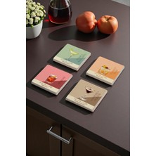 Baum Atelier Drink Temalı Içecekler Doğal Taş Traverten Bardak Altlığı Stone Coasters 4 Lü Set