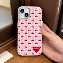 Ucuc iPhone 14 Plus/15 Plus Uyumlu Pembe Deri Dokulu Silikon Kamerayı Korur Şok Emici Kiraz Desenli Kılıf