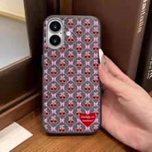 Ucuc iPhone 16 Uyumlu Gri Deri Dokulu Silikon Kamerayı Korur Şok Emici Kiraz Desenli Kılıf