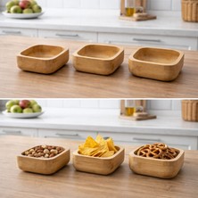 Bambu Kare Çerezlik Seti 3’lü – Doğal Ahşap Sunumluk, Modern Mutfak & Masa Üstü