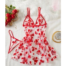 Çiçek Desenli Transparan Babydoll Gecelik ve Tanga Takımı