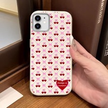 Ucuc iPhone 11 Uyumlu Beyaz Deri Dokulu Silikon Kamerayı Korur Şok Emici Kiraz Desenli Kılıf