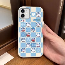 Ucuc iPhone 12/12 Pro Uyumlu Beyaz Deri Dokulu Silikon Kamerayı Korur Şok Emici Doraemon Deseni Kılıf